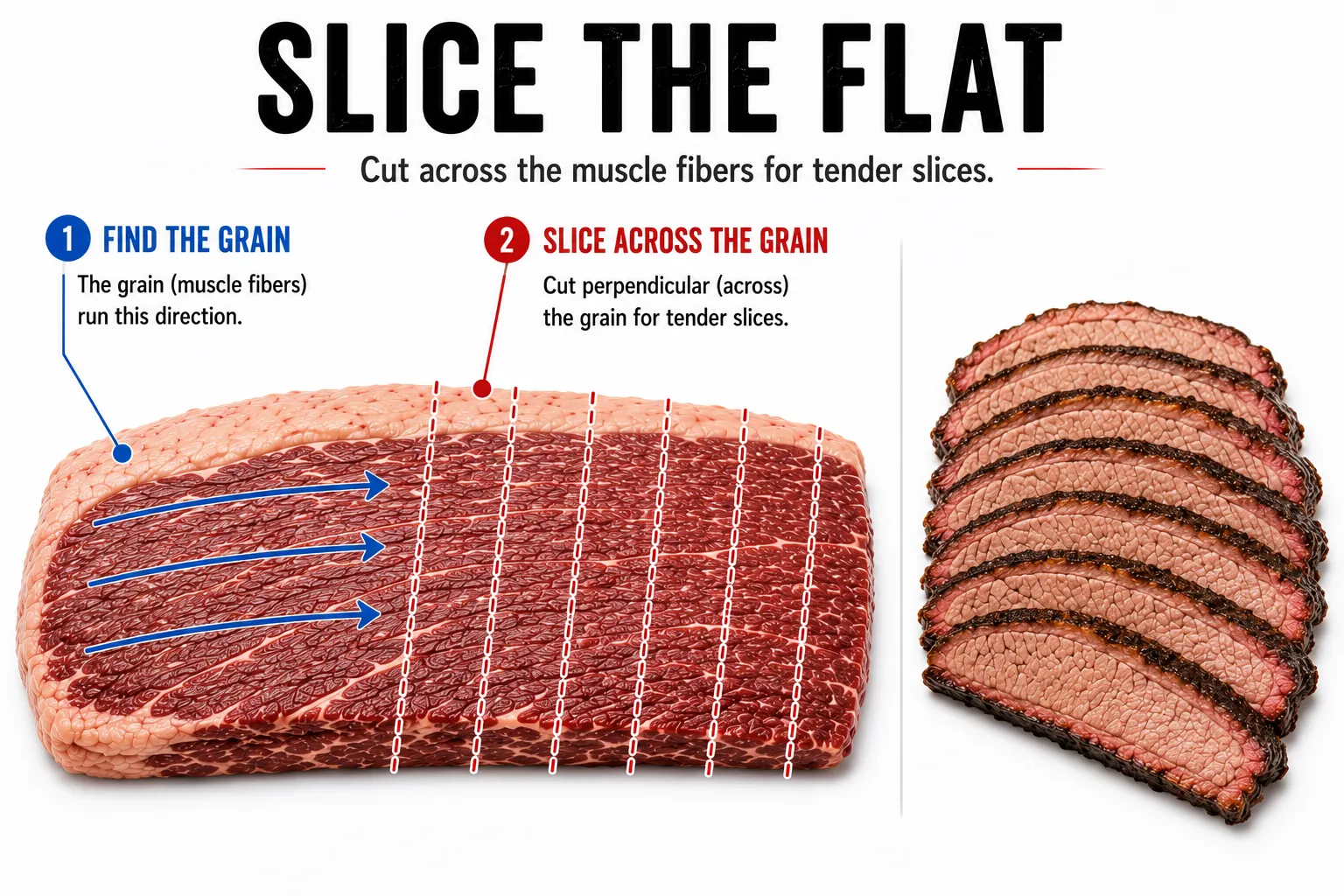 Diagram showing how to slice the brisket flat across the grain for tender slices.