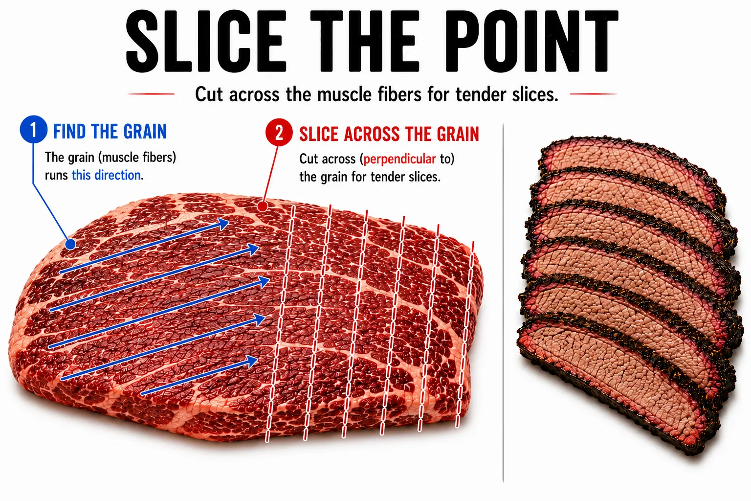 Diagram showing how to slice the brisket point across the grain for tender slices.