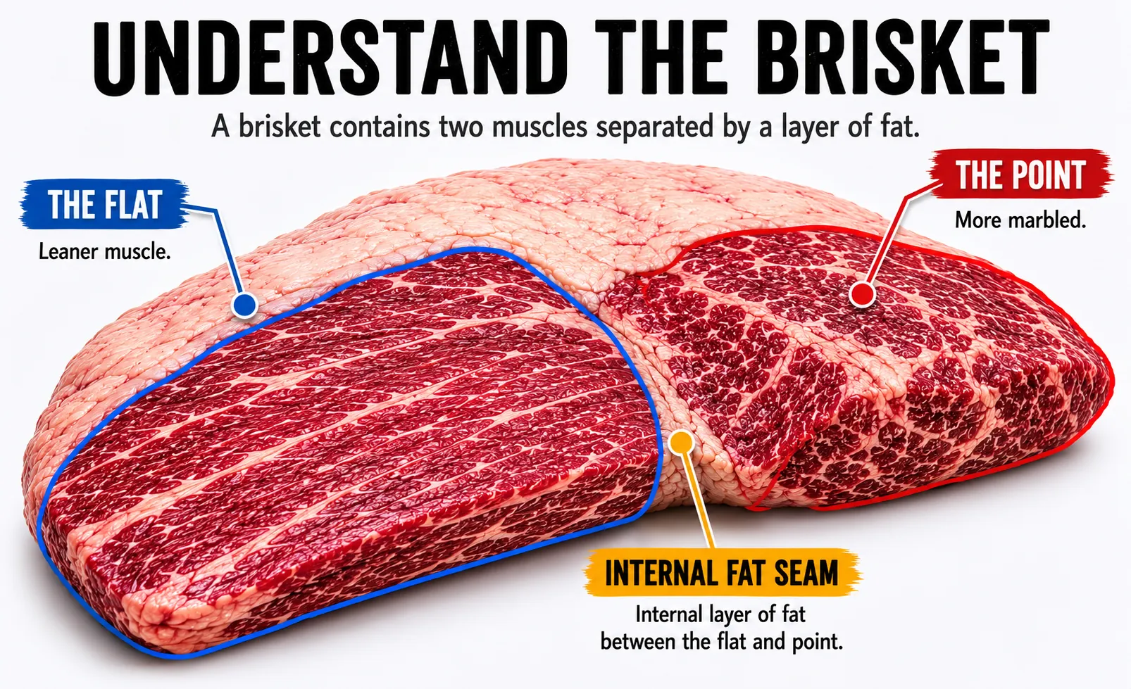 Diagram showing the flat, point, and internal fat seam of a beef brisket.